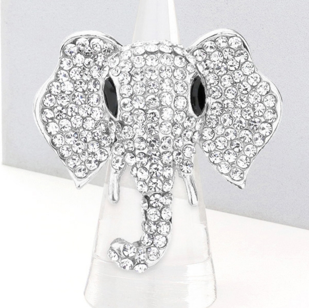 Silver Crystal Elephant Stretch Fashion Ring Rhinestone Finger Adjustable